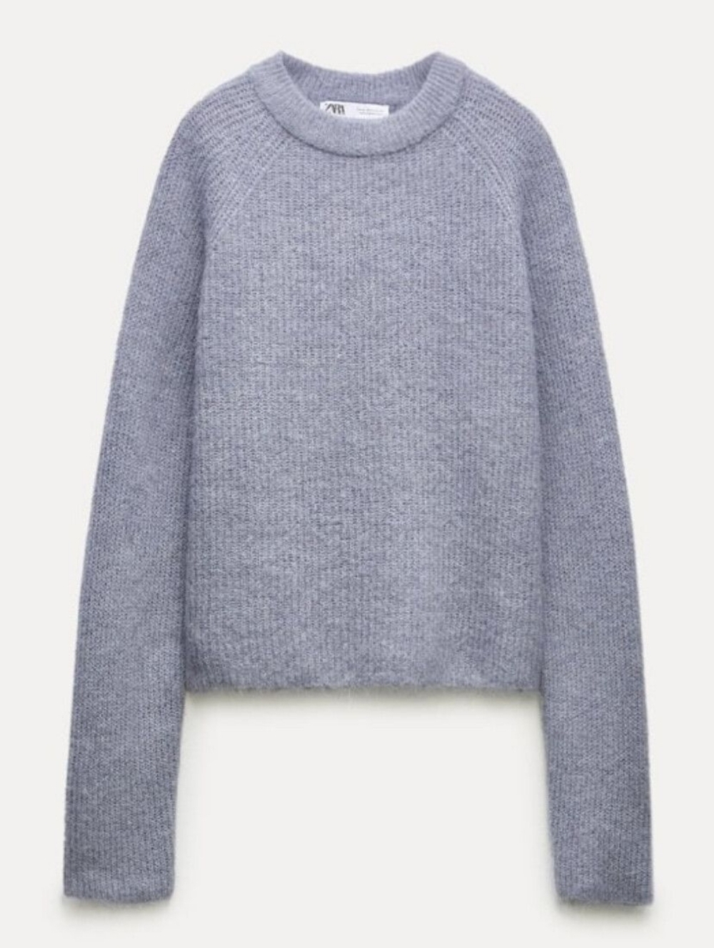 Zara Cropped Light Bluish Gray Fuzzy Knit Sweater. Alpaca/Wool Blend. Size XL